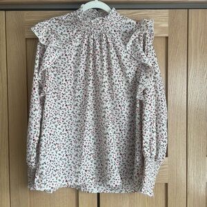 Smocked Neck Floral Ruffle Blouse - White with Red Floral